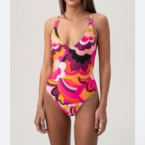 Trina Turk NWT Fan Faire Twist Back Halter Plunge One Piece Swim 12 Pink Orange